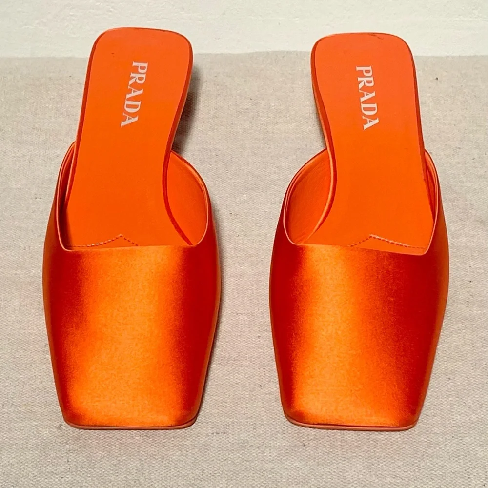 Prada orange satin silk square toe mules logo heels with box size 41 - Picture 3 of 13